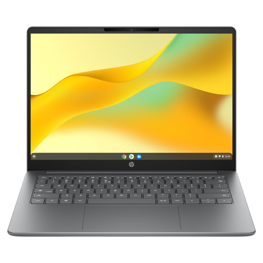 HP Chromebook 14 laptop in Meteor Silver, black keyboard, colorful screen