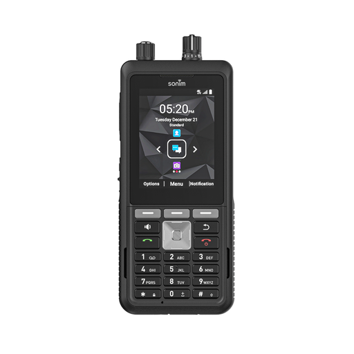 Rugged black smartphone with front keypad and lit touchscreen display