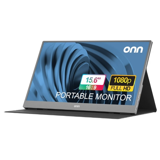 15.6-inch portable LCD monitor in black, folded stand viewing blue swirl screen