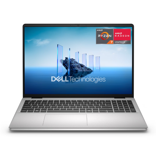 Platinum silver Dell 16-inch touch laptop with keyboard and active display