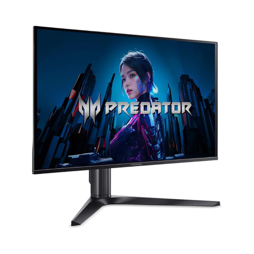 Black Acer Predator QD-OLED gaming monitor angled view with stand and character display