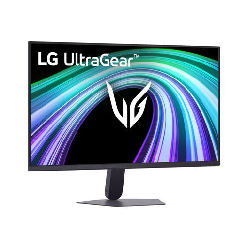 LG UltraGear 27-inch black gaming monitor, angled front view with stand