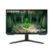 Black gaming monitor with pedestal stand, gaming scene on screen