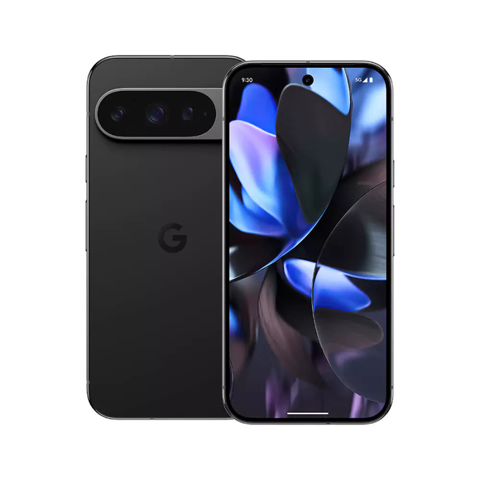 Google Pixel 9 Pro smartphone in Obsidian, front with blue abstract wallpaper