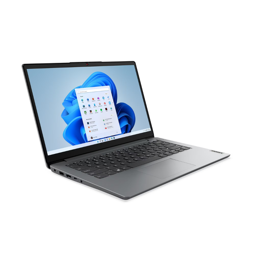 Cosmic blue 14-inch Lenovo laptop angled view with keyboard and trackpad visible