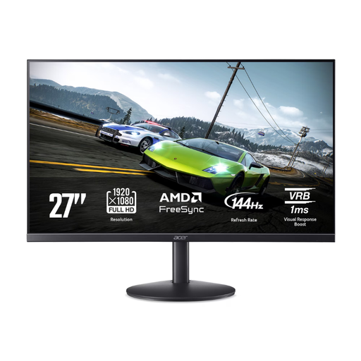 Acer 27-inch black gaming monitor on pedestal stand, front view with colorful display