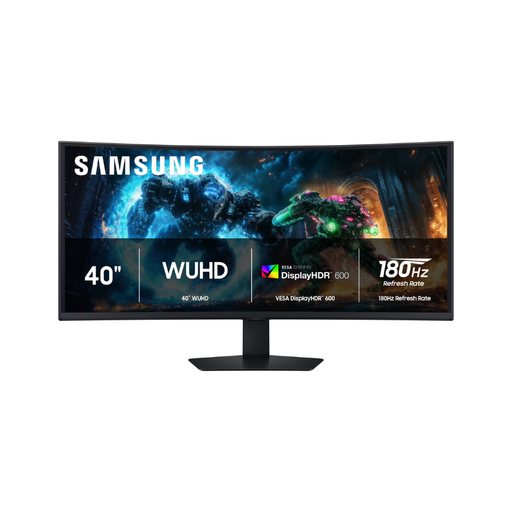 40-inch curved gaming monitor with black stand, showing a WUHD game screen.