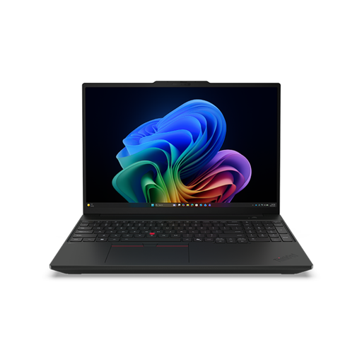 Black Lenovo ThinkPad T16 laptop with open 16-inch display and keyboard