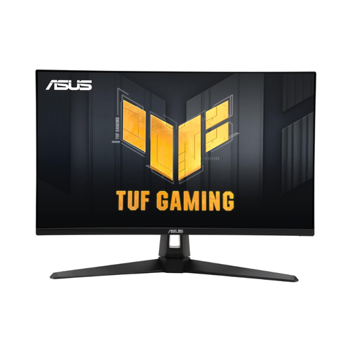 Black gaming monitor with TUF Gaming logo on screen and V-shaped stand