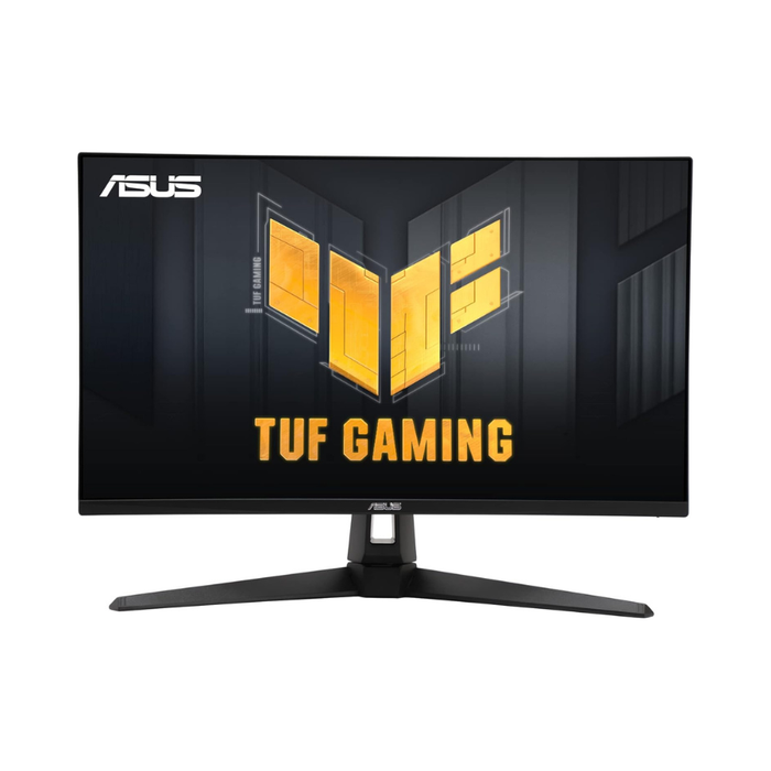Black gaming monitor with TUF Gaming logo on screen and V-shaped stand