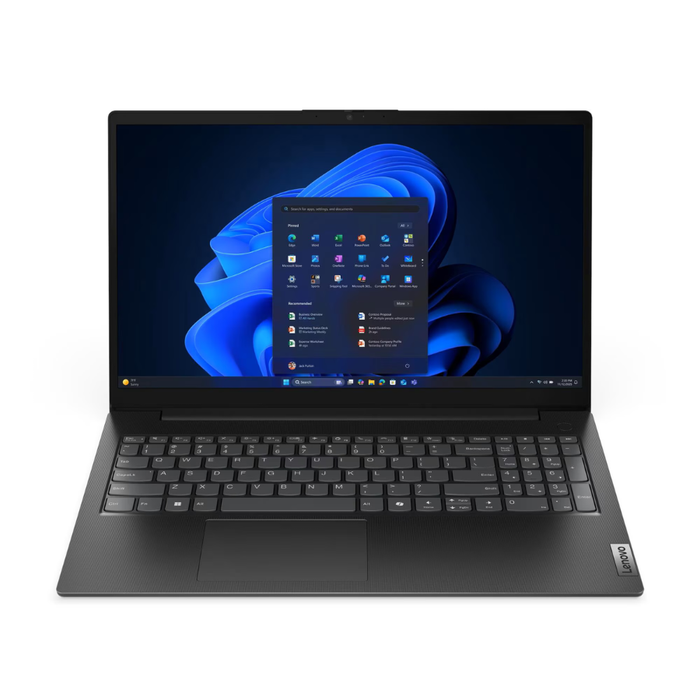 Black Lenovo laptop with 15.6-inch screen and keyboard, Windows 11 display