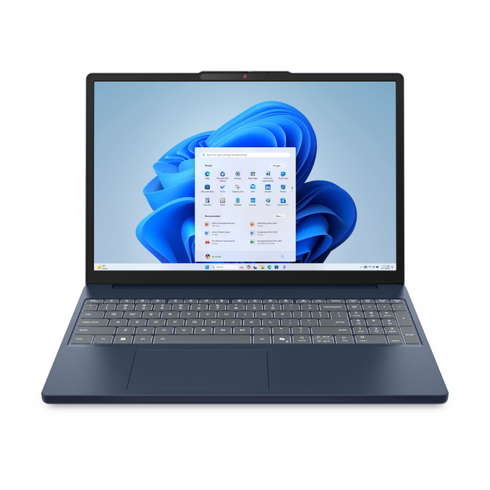 Cosmic Blue 15-inch laptop open, showing keyboard and Windows 11 desktop