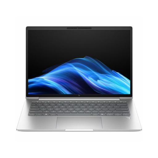 HP EliteBook laptop in Pike Silver, front view with keyboard and blue screen.
