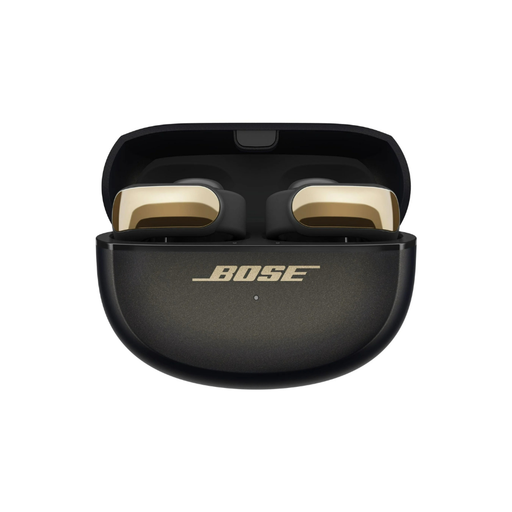 Bose Ultra open-ear wireless earbuds in black case with gold earbuds
