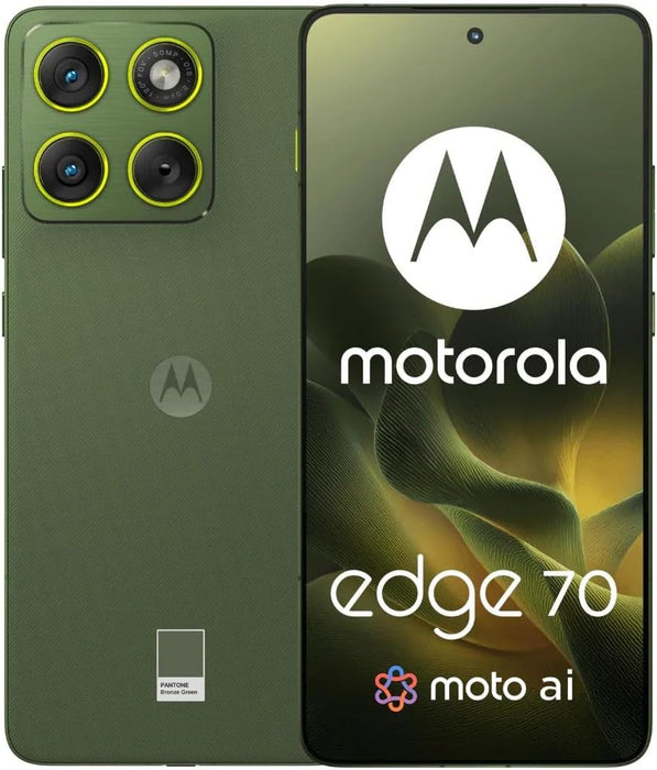 Moto Edge 70 5G Bronze Green, front view with moto ai branding and quad-lens camera