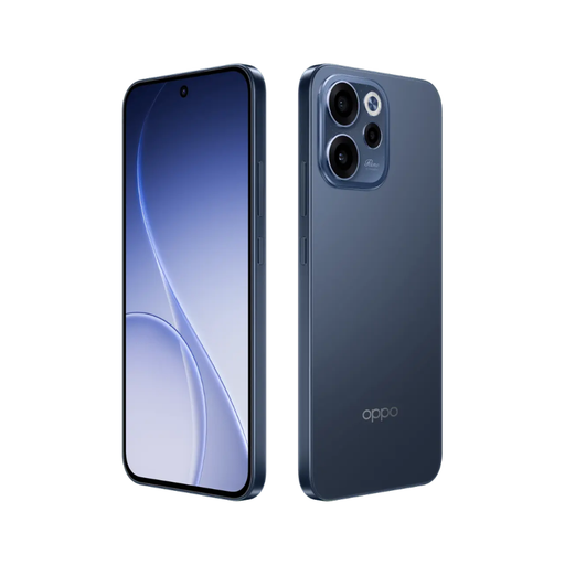 Twilight blue Oppo Reno smartphone, front and back view with rear camera cluster