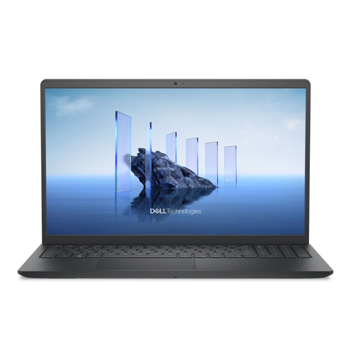 Carbon black Dell 15.6-inch laptop with open display and built-in keyboard