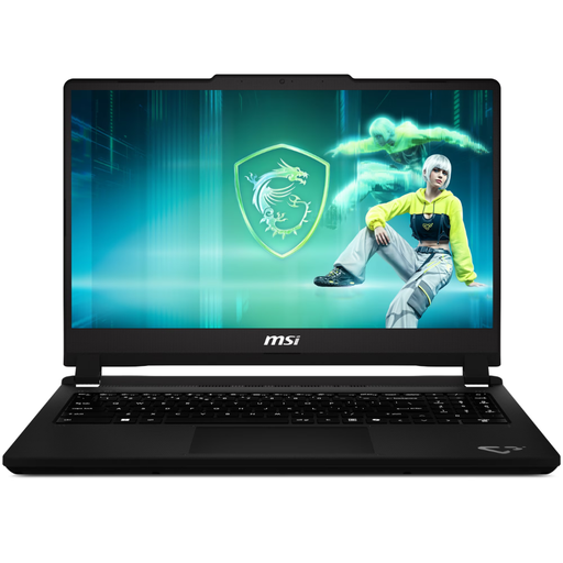 MSI Cyborg gaming laptop open with keyboard visible, dark chassis.