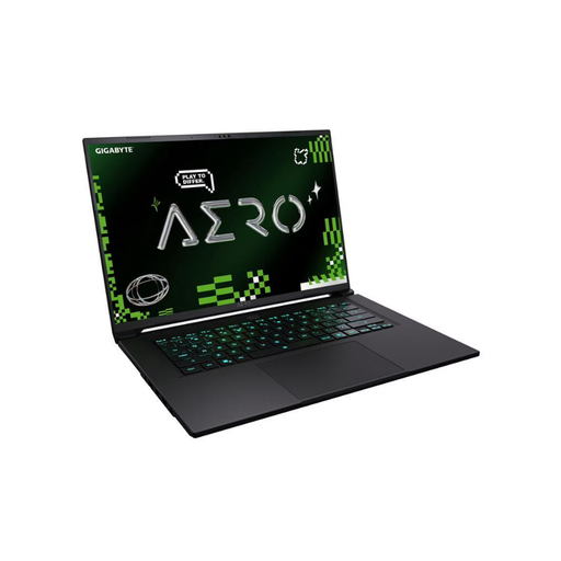 Laptop with open screen tilted, visible keyboard and large trackpad on dark body.