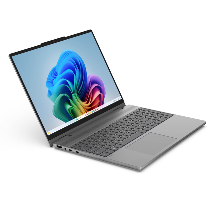 Lenovo Luna Grey 2-in-1 laptop, open at angle with colorful screen