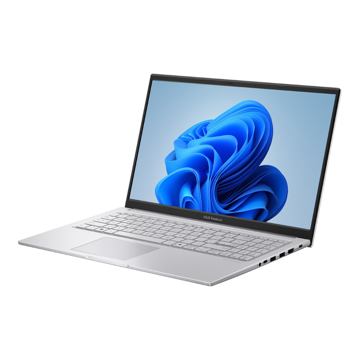 Cool Silver ASUS Vivobook 15 laptop showing blue display and trackpad area.