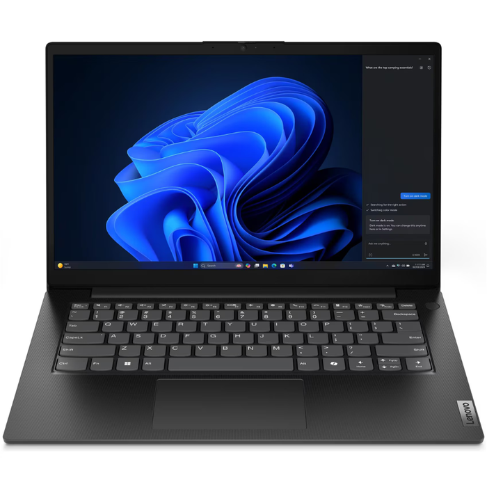 Black Lenovo laptop with blue Windows-style wallpaper, full keyboard and trackpad