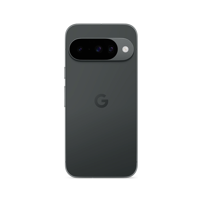 Smartphone with dark gray back, triple rear cameras in black bar
