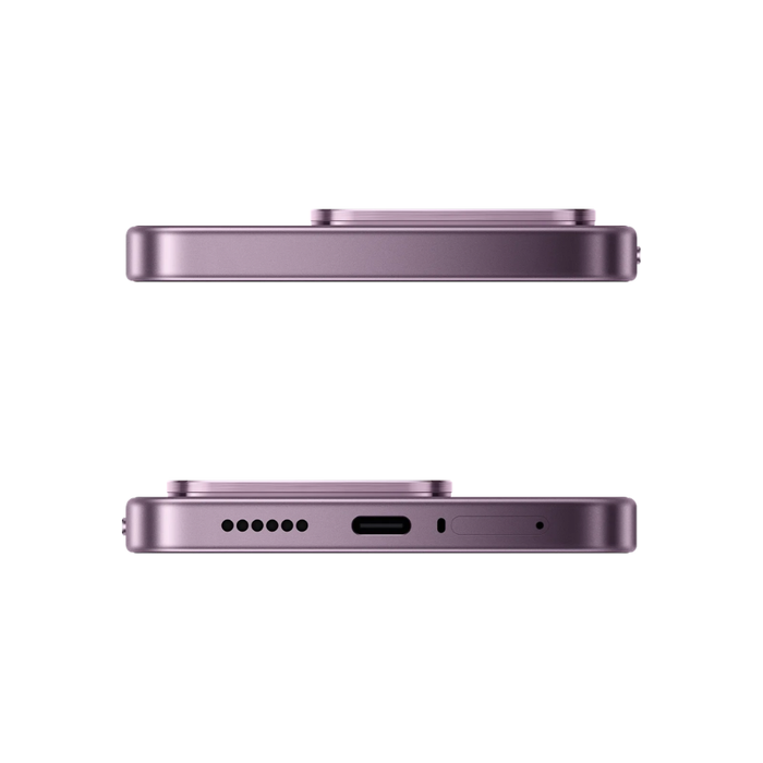 Violet smartphone top and bottom views with camera bump, speaker, and port.