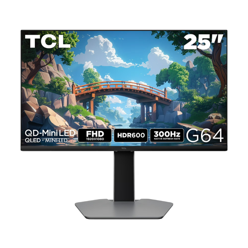 Black 25-inch gaming monitor with QD-Mini LED display and central pedestal stand