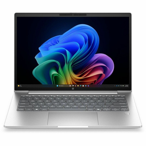 HP ProBook 14-inch laptop in Pike Silver with keyboard and colorful screen