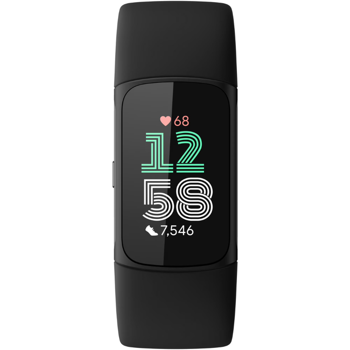 Fitness tracker watch with black silicone band and black display, dark frame