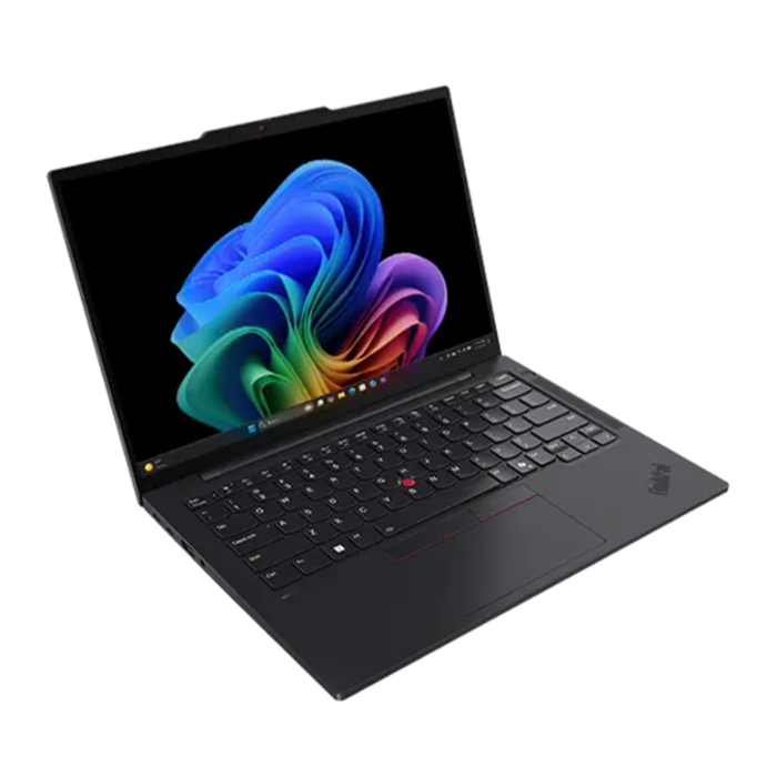 Lenovo ThinkPad T14s laptop, black with open lid and full keyboard view angled