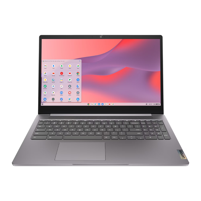 Arctic gray Lenovo Chromebook laptop in front view, showing keyboard and trackpad