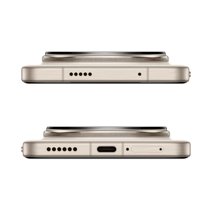 Honor Magic 8 Pro phone, Sunrise Gold top and bottom views with speaker and port