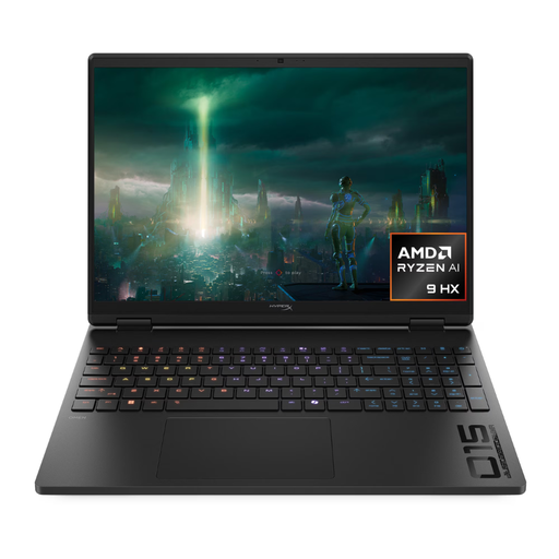 Black gaming laptop with full keyboard and Ryzen AI 9 HX badge on screen
