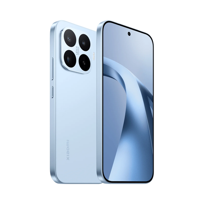 Blue smartphone with quad rear cameras and front display