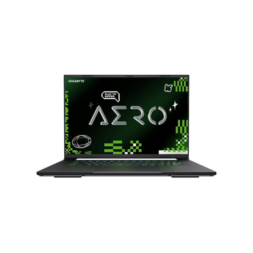 Gaming laptop with open screen and keyboard, dark display with neon green graphics.