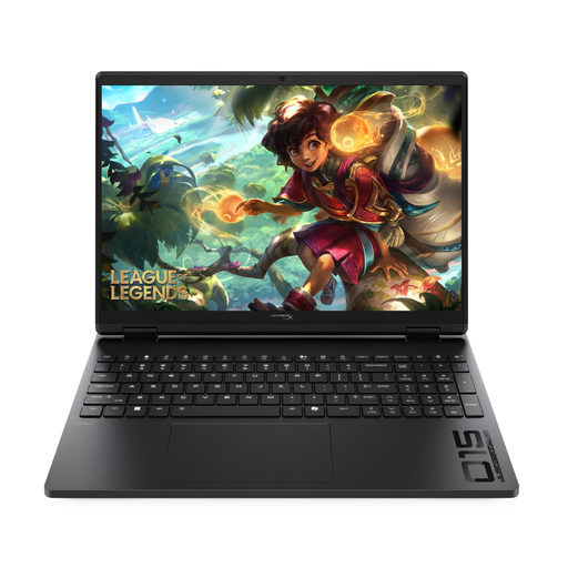 Black gaming laptop with 15-inch screen and full keyboard, open front view