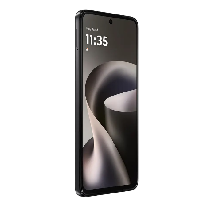 Black smartphone angled front view with 11:35 home screen and curved edges