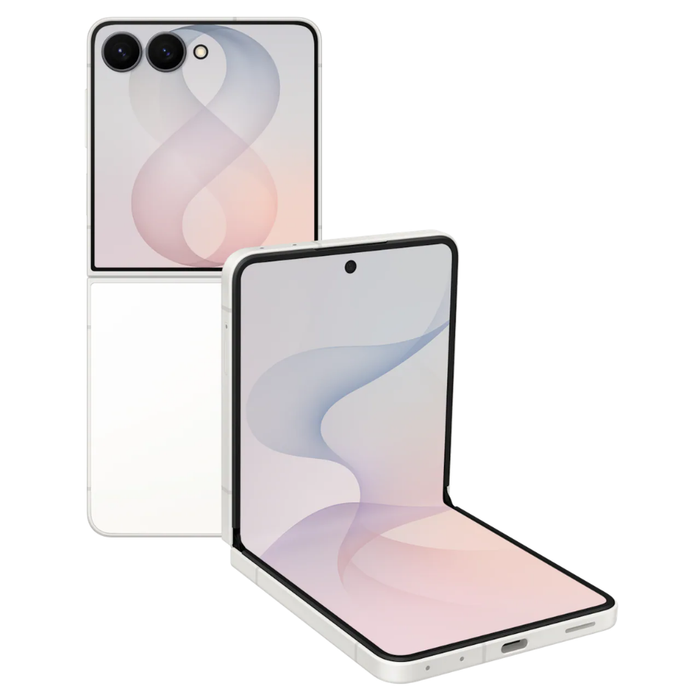 Cream foldable 5G smartphone, open with front screen on display