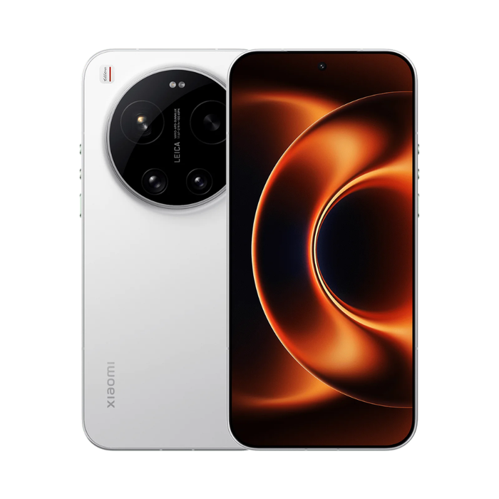 White smartphone with rear camera module and warm orange front display