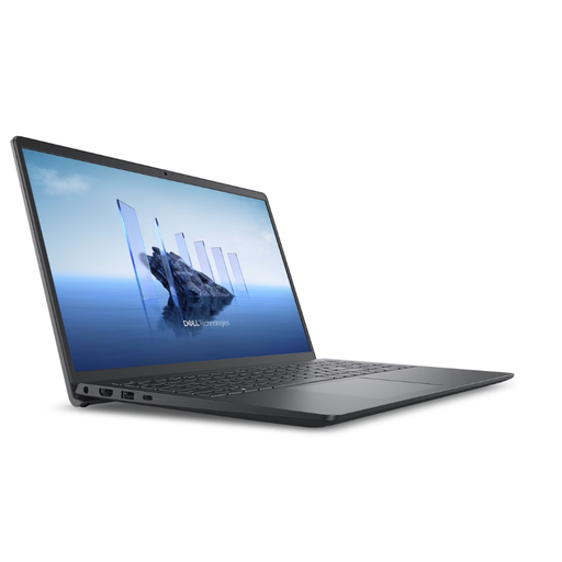Carbon black Dell 15.6-inch laptop angled view with open screen