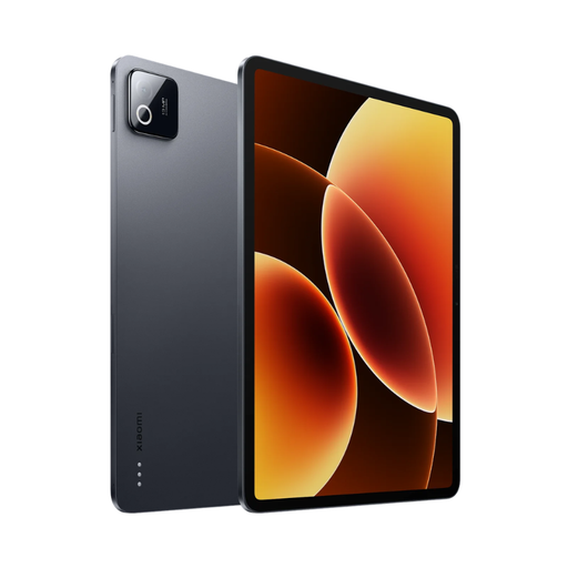 Dark gray tablet with rear camera module and orange abstract front display