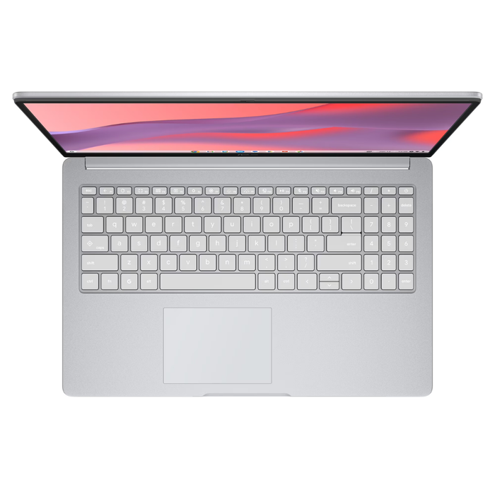 ASUS Chromebook CX15 laptop, silver keyboard close-up with touchpad