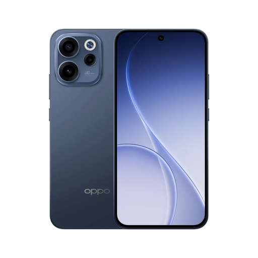 Twilight blue Oppo Reno smartphone, front and back with quad-camera module