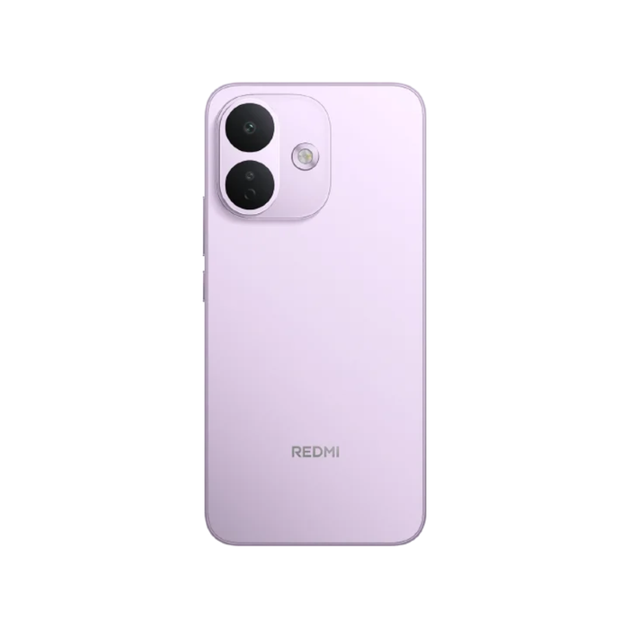 Purple smartphone back view with dual cameras and Redmi branding