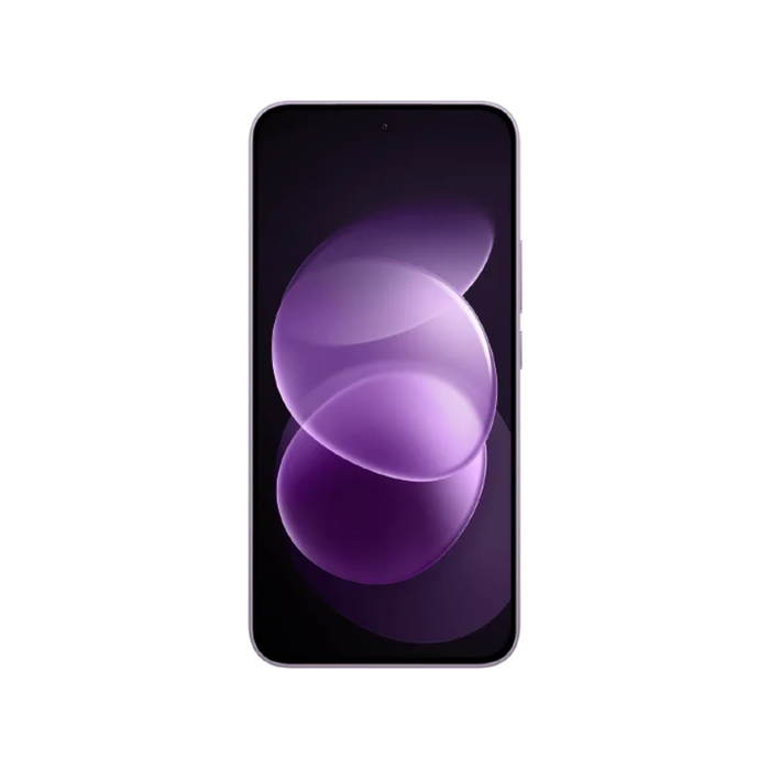 Purple smartphone front view with edge-to-edge display and abstract purple wallpaper