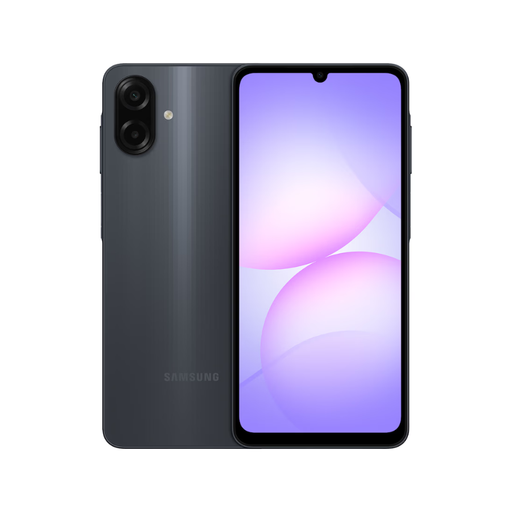 Samsung Galaxy A07s smartphone in black, front and back view with dual rear cameras