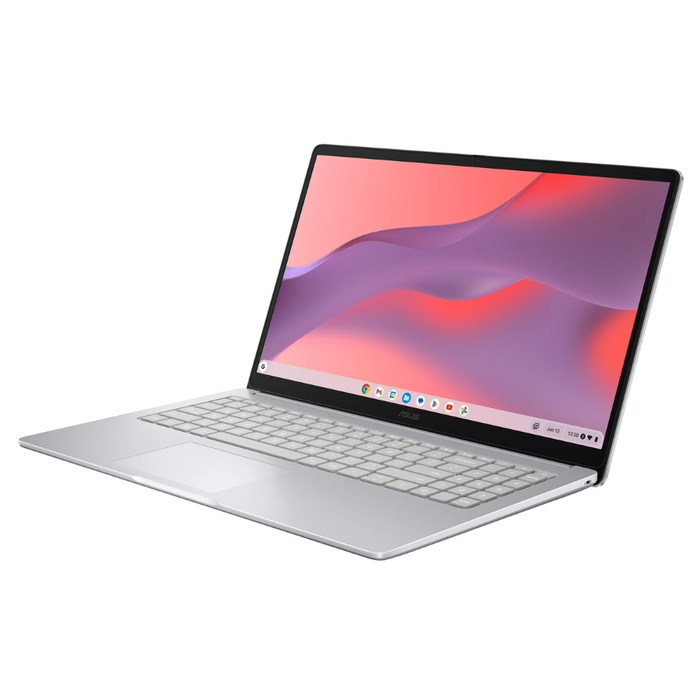 ASUS Chromebook CX15 laptop, silver open angle showing trackpad and keyboard