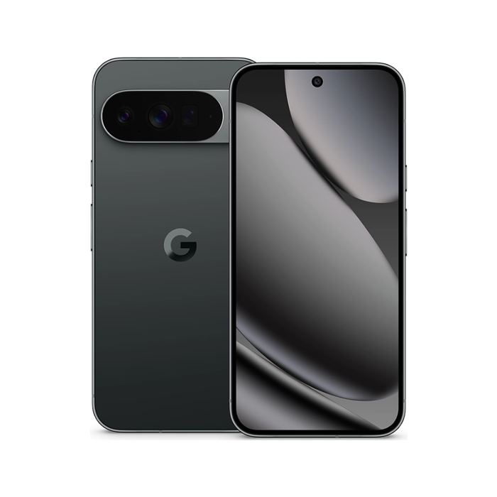 Google Pixel 10 Pro XL smartphone in Obsidian, front and back view with triple camera